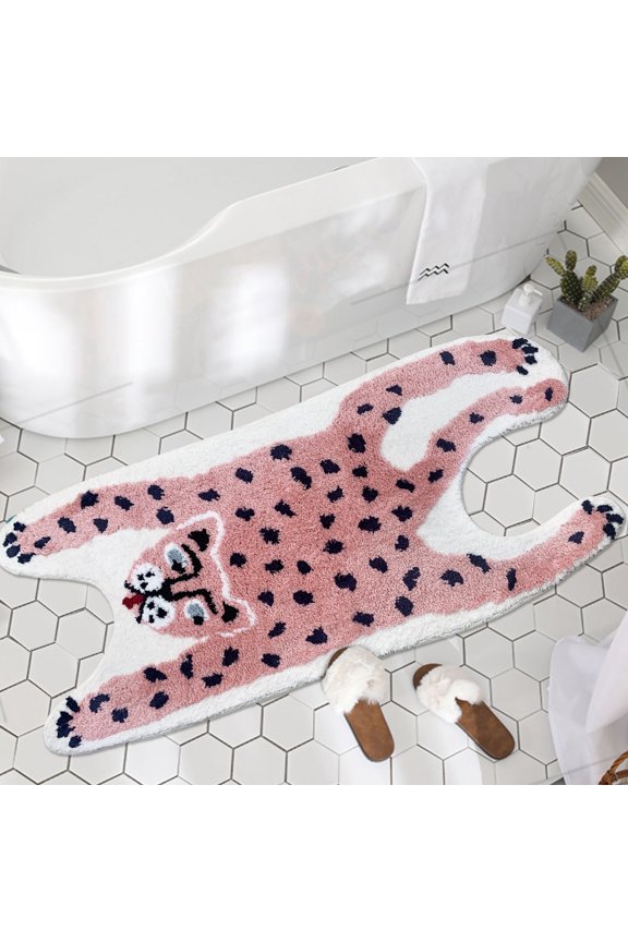 Leopard Shape Playroom Rug Pink Mat Cartoon Non-Slip Door Mat Cute Area Rug Animal Pattern, Washable Mats for Kids Room, Water Absorption Rugs