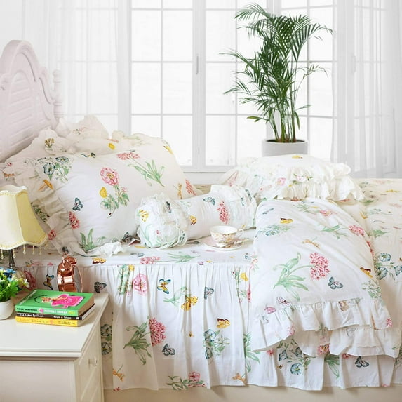 LANPEI White Butterfly Floral Sheet Set Twin, 100% Cotton 600TC Shabby Floral with Butterfly Pattern Printed, Deep Pocket-Super Soft-Breathable Bed Sheets Set, 4-Piece Twin Size