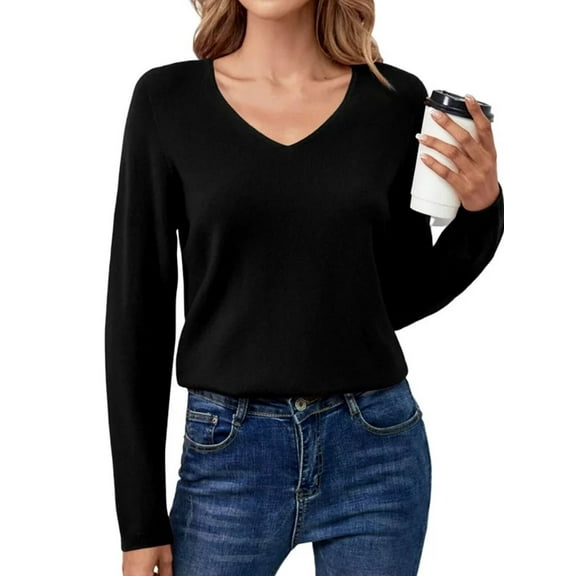 LANPULUX V-Neck Sweaters for Women Knit Sweaters 100 Wool Lightweight, Black