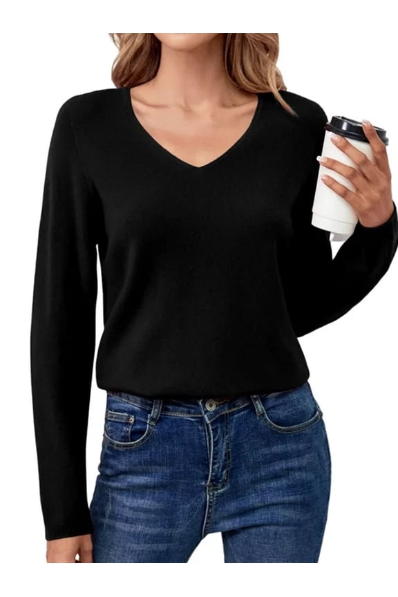 V-Neck Sweaters for Women Knit Sweaters 100 Wool Lightweight, Black