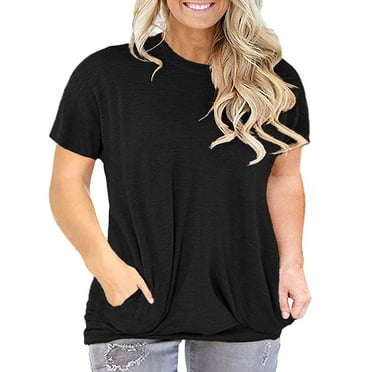 LANREMON Plus Size Tunics Tops for Womens Casual Short Sleeve Round Neck T Shirts Women Blouse with Pockets Black 20 Plus