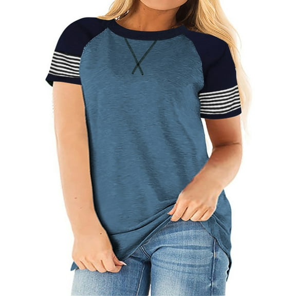 LANREMON Plus Size Tunics Tops for Womens Short Sleeve Crewneck Striped Color Block T Shirts Oversized Blue Tee Blouse Size 20