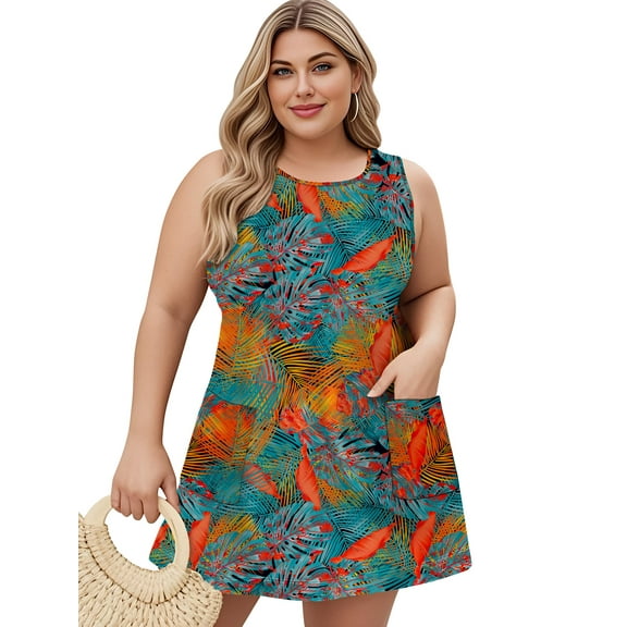 LANREMON Dresses for Women Plus Size Summer Dresses Orangeleaf Sleeveless Dresses with Pockets Scoop Neck Floral Mini Dresses 4XL