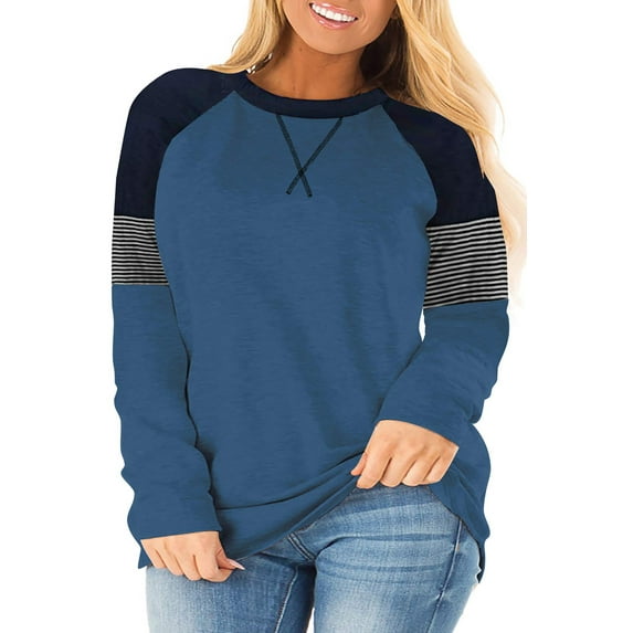 LANREMON Fall Casual Crew Neck Oversized T Shirts for Women Cute Striped Long Sleeve Plus Size Tunic Tops Blouse Blue 16 Plus