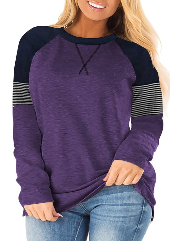 Fall Casual Crew Neck Oversized T Shirts for Women Cute Striped Long Sleeve Plus Size Tunic Tops Blouse Purple 26 Plus