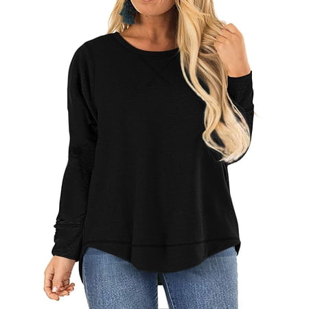LANREMON Fall Cute Round Neck Plus Size Tunic Tops for Women Casual Workout Long Sleeve Oversized T Shirts Blouse Black 20 Plus