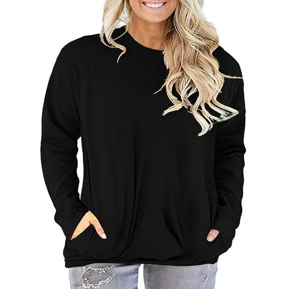 LANREMON Fall Long Sleeve Oversized T Shirts for Women Casual Round Neck Trendy Plus Size Tunic Tops Blouse with Pockets Black 18 Plus