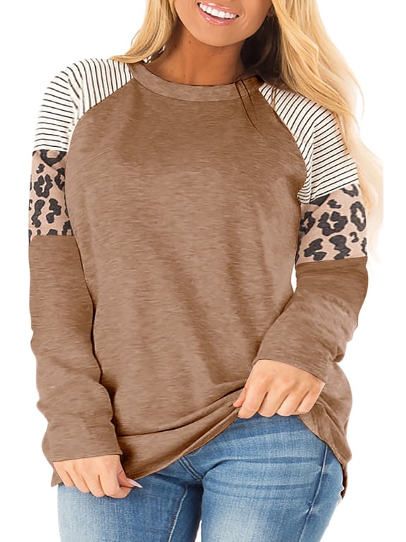 Fall Workout Crew Neck Oversized T Shirts for Women Casual Leopard Print Long Sleeve Plus Size Tunic Tops Khaki 16 Plus