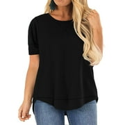 LANREMON Oversized Flowy Short Sleeve T Shirts for Women Summer Casual Plus Size Crew Neck Tunics Tops Blouses Black