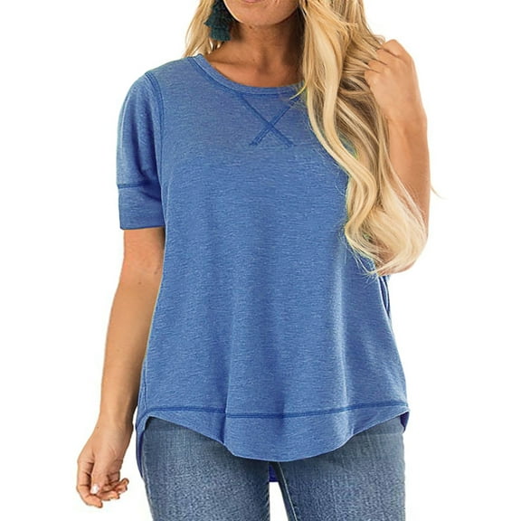 LANREMON Oversized Flowy Short Sleeve T Shirts for Women Summer Casual Plus Size Crew Neck Tunics Tops Blouses Blue