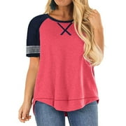 LANREMON Oversized Flowy Short Sleeve T Shirts for Women Summer Casual Plus Size Crew Neck Tunics Tops Blouses Blue