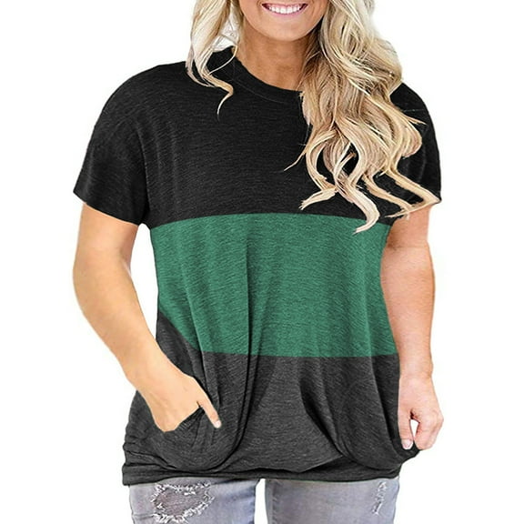 LANREMON Plus Size T Shirts for Women Short Sleeve Casual Round Neck Women Tops Color Block Tunic Blouse with Pockets BlackGreen 18 Plus