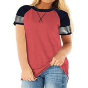 LANREMON Plus Size T Shirts for Womens Summer Short Sleeve Striped Print Loose Pink T Shirts Blouse Dressy Clothes Size 20