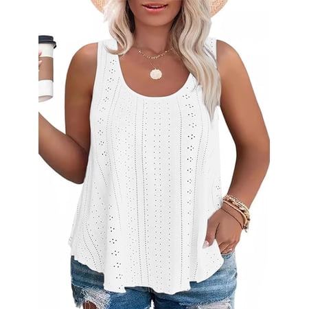 LANREMON Plus Size Tank Tops Womens Summer Tank Top for Women White Eyelet Embroidery Scoop Neck Loose Fit Sleeveless Tunic Tops 3XL