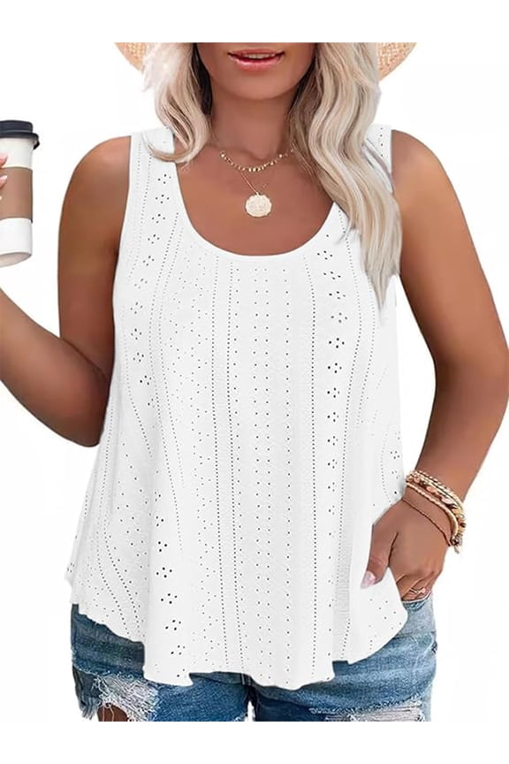 Plus Size Tank Tops Womens Summer Tank Top for Women White Eyelet Embroidery Scoop Neck Loose Fit Sleeveless Tunic Tops 4XL