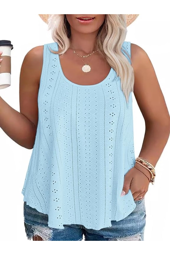 Plus Size Tank Tops for Women Summer Flowy Sleeveless Tops Blue Scoop Neck Eyelet Embrodery Loose Fit Camisoles 5XL