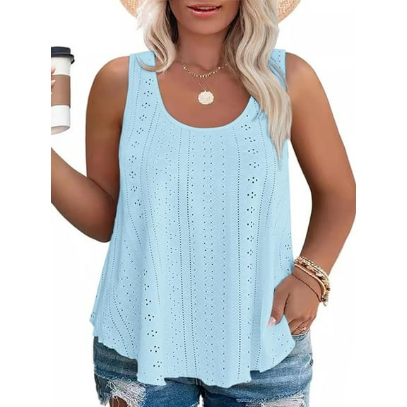 LANREMON Plus Size Tank Tops for Women Summer Flowy Sleeveless Tops Blue Scoop Neck Eyelet Embrodery Loose Fit Camisoles 5XL