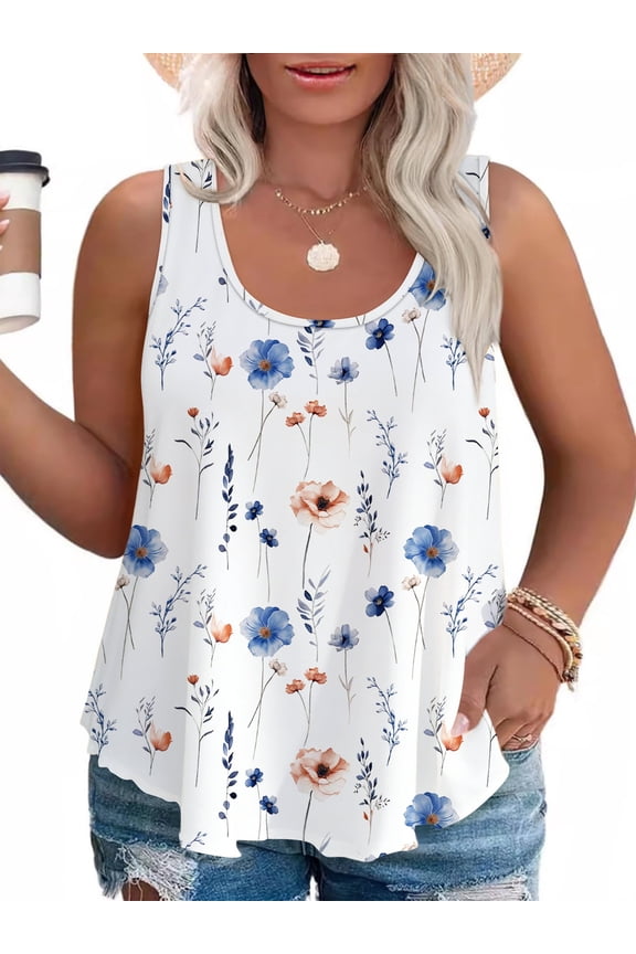 Plus Size Tank Tops for Women Summer Scoop Neck Sleeveless Floral Print Tank Tops Casual Loose Fit Camisoles 2XL
