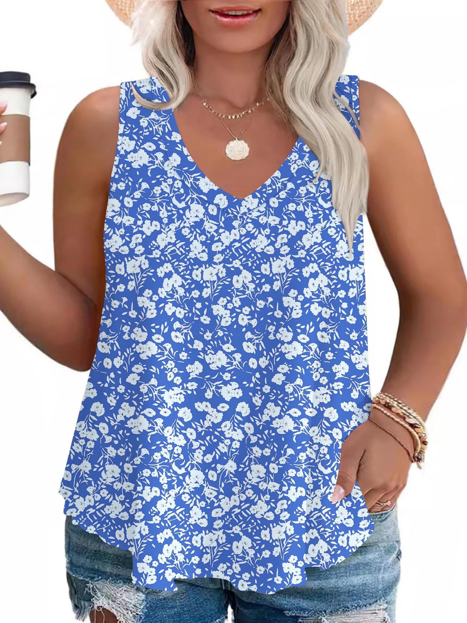 LANREMON Plus Size Tank Tops for Women Summer V Neck Printed Sleeveless ...