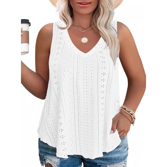LANREMON Plus Size Tank Tops for Women Summer V Neck Sleeveless Eyelet Tops Causal Loose Camisoles Flowy Tunic Tops 2XL