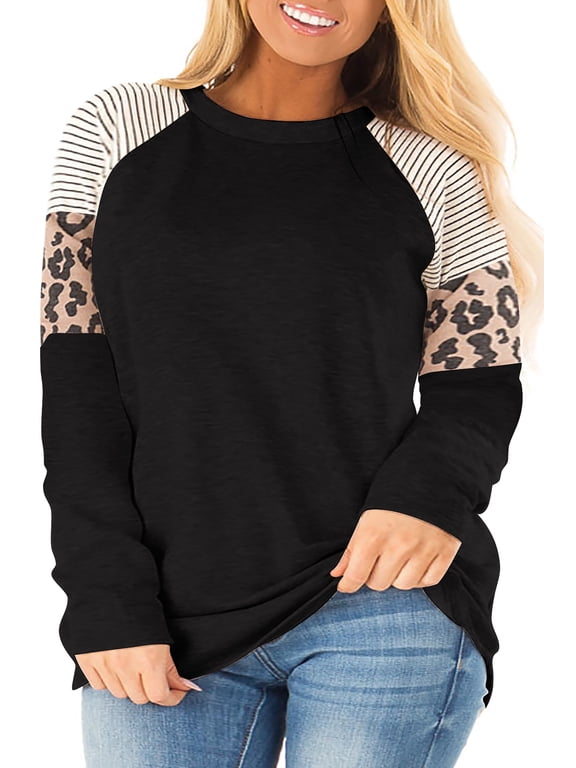 Plus Size Top for Women Casual Round Neck Long Sleeev T Shirts Fashion Leopard Print Loose Tunic Black Tee Size 26 Plus