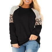 LANREMON Plus Size Top for Women Casual Round Neck Long Sleeev T Shirts Fashion Leopard Print Loose Tunic Black Tee Size Plus