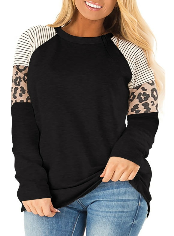 Plus Size Top for Women Casual Round Neck Long Sleeev T Shirts Fashion Leopard Print Loose Tunic Black Tee Size Plus
