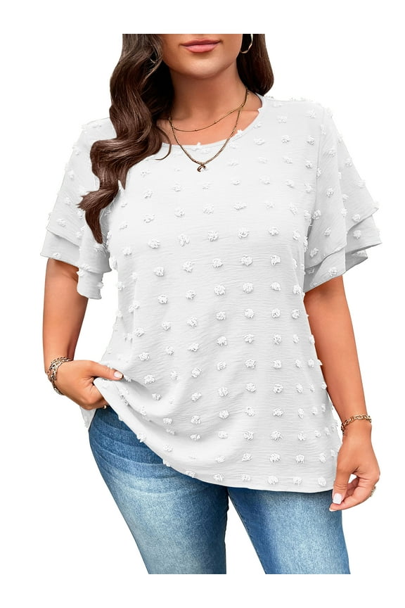 Plus Size Tops Summer Dressy Tops for Women White Ruffle Short Sleeve Crew Neck Blouses Casual Loose Fit Shirts 4XL