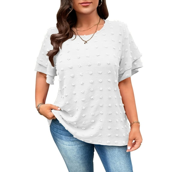 LANREMON Plus Size Tops Summer Dressy Tops for Women White Ruffle Short Sleeve Crew Neck Blouses Casual Loose Fit Shirts 5XL