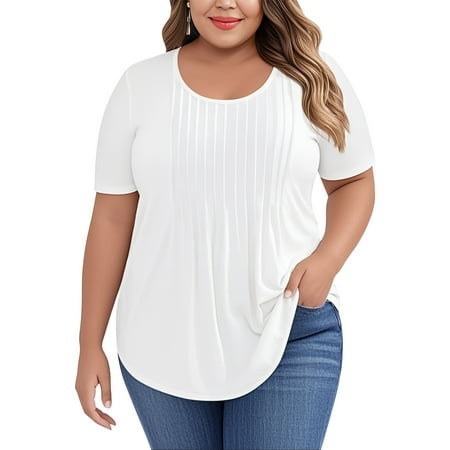 LANREMON Plus Size Tops Summer Short Sleeve Shirts for Women White Pleated Scoop Neck Tunic Tops Casual Loose Fit Blouses 5XL