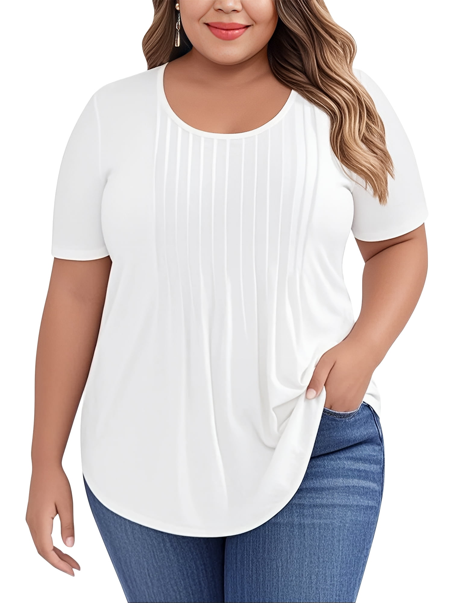 LANREMON Plus Size Tops Summer Short Sleeve Shirts for Women White ...