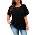 thumbnail image 1 of LANREMON Plus Size Tops Summer Swiss Dot Tops for Women Black Crew Neck Double Layered Sleeves Loose Fit Flowy Blouses 3XL, 1 of 6