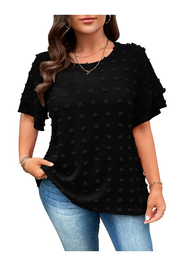 Plus Size Tops Summer Swiss Dot Tops for Women Black Crew Neck Double Layered Sleeves Loose Fit Flowy Blouses 4XL