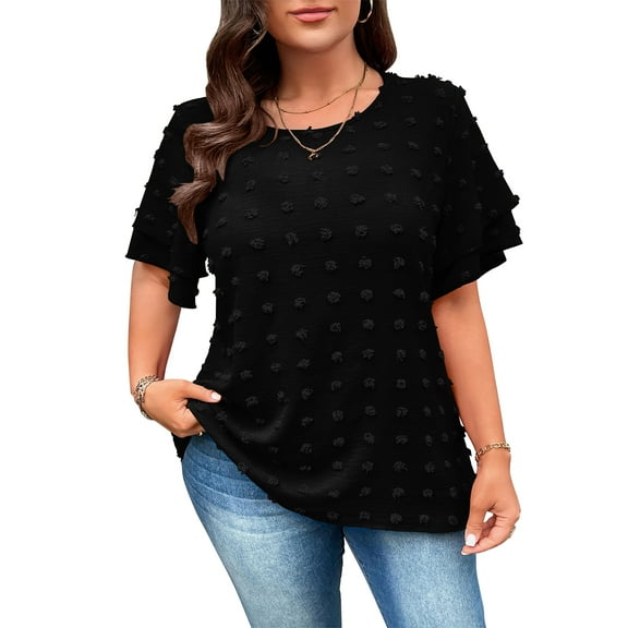 LANREMON Plus Size Tops Summer Swiss Dot Tops for Women Black Crew Neck Double Layered Sleeves Loose Fit Flowy Blouses 5XL