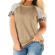 LANREMON Plus Size Tops for Women Summer Tops Short Sleeve t shirts Casual Crewneck Tunic Tops for Womens Clothes Leopard Color Block Tee Shirts Oversized Khaki Size 24 Plus