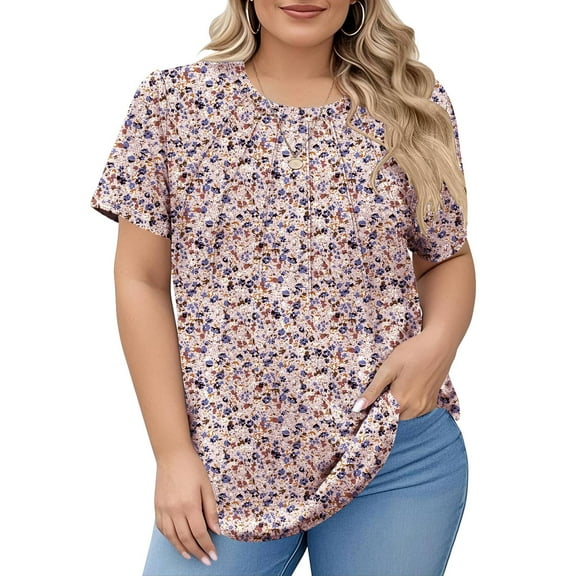 LANREMON Womens Plus Size Tops Summer Crew Neck Short Sleeve Pleated Tunic Tops for Women Loose Fit Floral T-Shirts 5XL