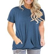 LANREMON Plus Size Tops for Women Short Sleeve Round Neck Casual Loose Blue Tee Shirt Oversized Women top with Pockets 24 Plus