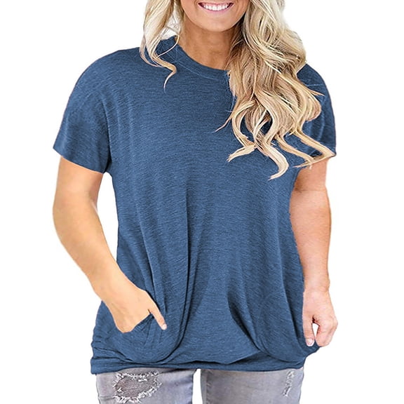 LANREMON Plus Size Tops for Women Short Sleeve Round Neck Casual Loose Blue Tee Shirt Oversized Women top with Pockets 24 Plus
