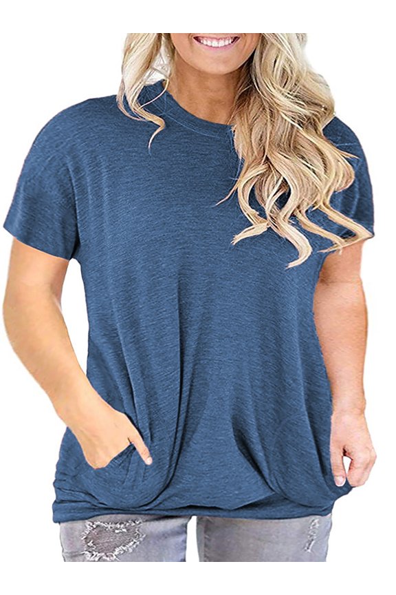 Plus Size Tops for Women Short Sleeve Round Neck Casual Loose Blue Tee Shirt Oversized Women top with Pockets 24 Plus