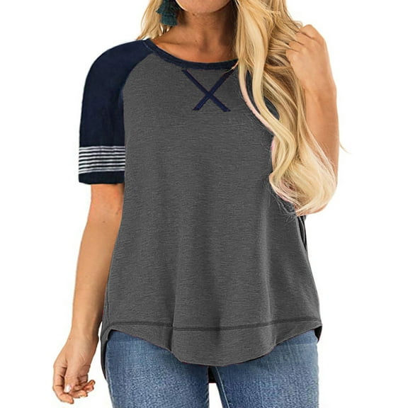 LANREMON Plus Size Tops for Women Short Striped Sleeve Loose T Shirts Fashion Crew Neck Lightgray Blouse Tee Size 20 Plus