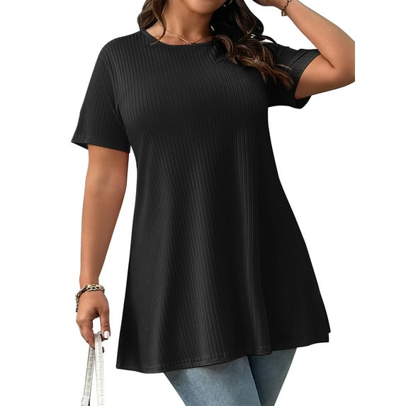 LANREMON Plus Tops for Women Summer Short Sleeve Loose Shirts for Women Casual Crew Neck Oversized Blouses Tee 5XL
