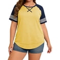 thumbnail image 1 of LANREMON Plus Size Tops for Women Summer Short Sleeve Loose T Shirts Casual Crew Neck Striped Yellow Women Blouse Tee Size 22 Plus, 1 of 6