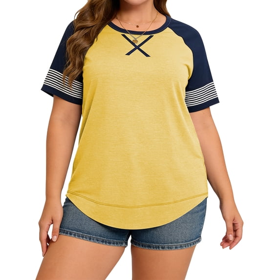 LANREMON Plus Size Tops for Women Summer Short Sleeve Loose T Shirts Casual Crew Neck Striped Yellow Women Blouse Tee Size 22 Plus