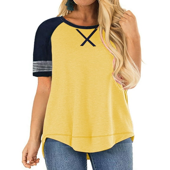 LANREMON Plus Size Tops for Women Summer Short Sleeve Loose T Shirts Casual Crew Neck Striped Yellow Women Blouse Tee Size 26 Plus