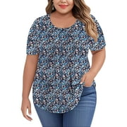 LANREMON Plus Size Tops Summer Womens Tops Pinkfloral Scoop Neck Pleated Short Sleeve Tunic Tops for Women Boho Shirts 3XL