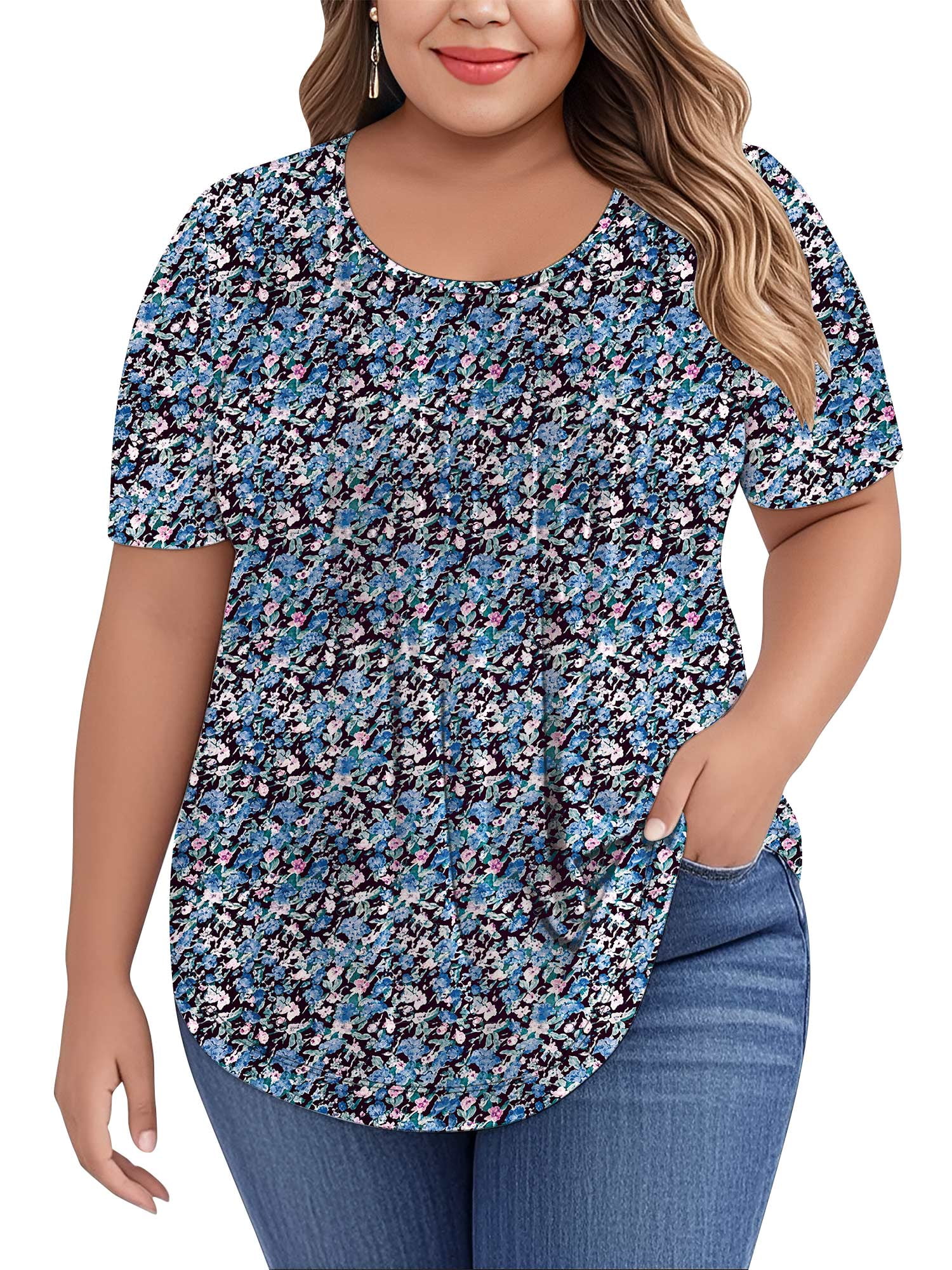 LANREMON Plus Size Tops for Women Summer Womens Tops Bluefloral Pleated ...