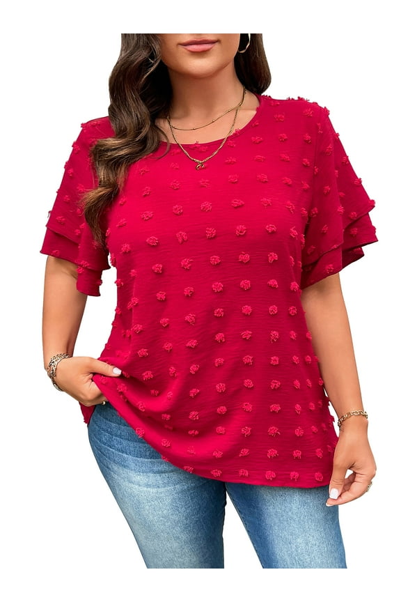Plus Size Tops for Women Summer Womens Tunic Tops Red Crew Neck Ruffle Sleeve Swiss Dot Loose Solid Work Shirts 3XL