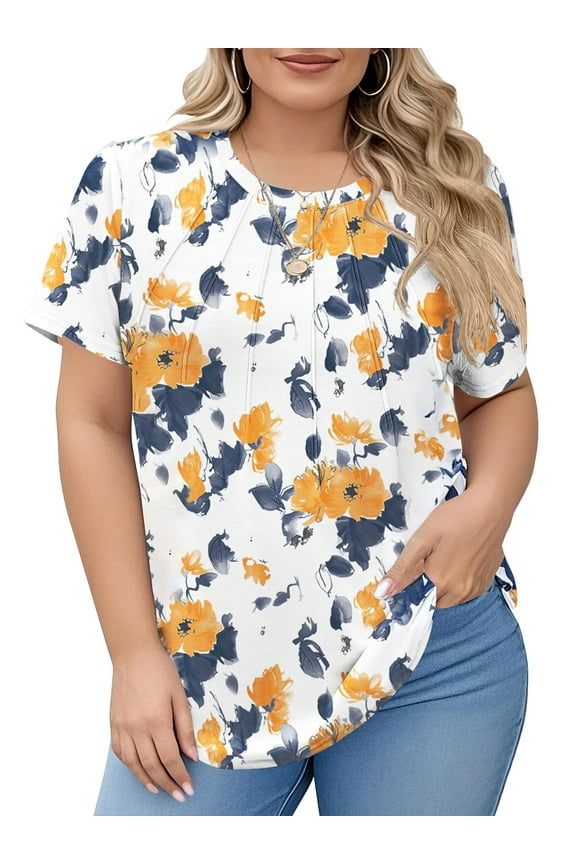 Plus Size Tops for Women Summer Pleated Tops Crew Neck Short Sleeve T-Shirts Casual Loose Fit Tunic Tops 3XL