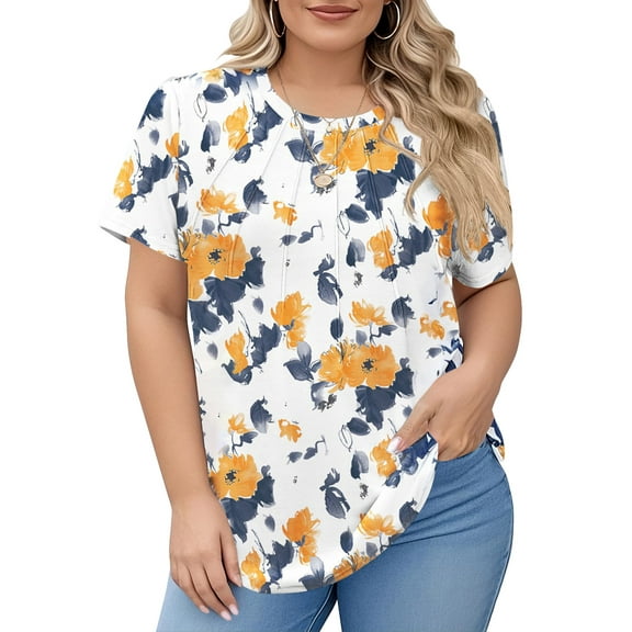 LANREMON Plus Size Tops for Women Summer Pleated Tops Crew Neck Short Sleeve T-Shirts Casual Loose Fit Tunic Tops 3XL
