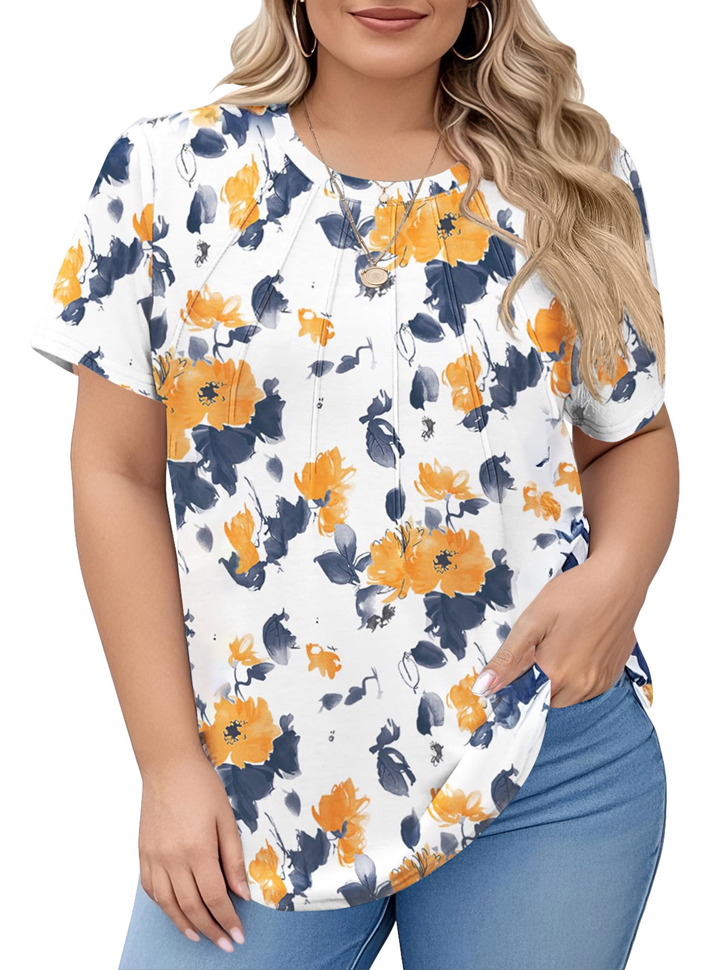 LANREMON Plus Size Tops for Women Summer Pleated Tops Crew Neck Short ...